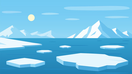 Polar Arctic Seascape with Floating Icebergs and Snow Mountains Vector. © Tanjida