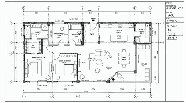 Architectural floor plan of a level 3 futuristic apartment unit