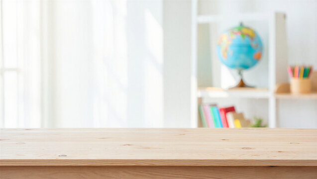 Empty desk surface in bright classroom setting with background classroom education interior