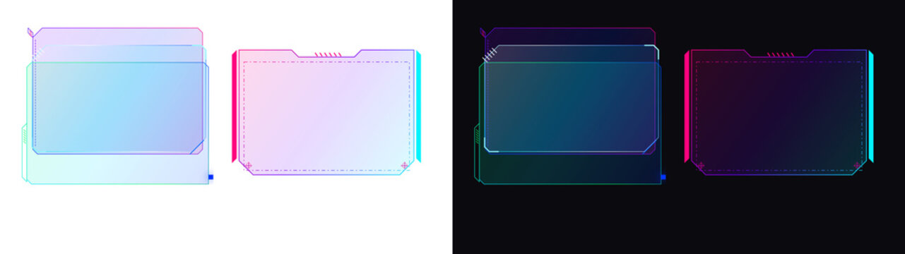 PNG image of Futuristic HUD glass frames with neon gradients, holographic UI display panels, sci-fi digital interface elements for gaming and technology isolated on Transparent Background