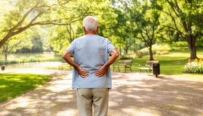 Elderly man standing in park on sunny day holding lower back, concept of age related back pain and decreasing muscle © molenira