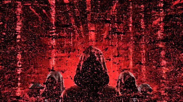 Hooded figures in dark robes stand before a red digital matrix of cascading binary code and glitching data streams, suggesting a cyber cult, anonymous hackers and ominous threat
