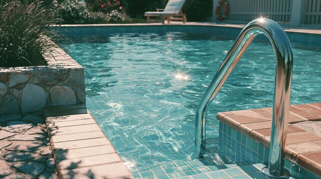 Hot Summer season lifestyle theme. A vivid outdoor scene depicts a swimming pool with crystal clear blue water reflecting the surrounding greenery. The pool features a sleek.