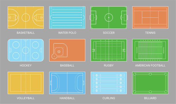 Sport fields with athletic games. Basketball and water polo, soccer and tennis, hockey and baseball, rugby and American football, volleyball and handball, curling and billiard. Vector match types