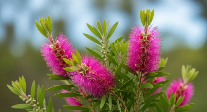 Vibrant pink bottlebrush flowers blooming on a bush in a garden