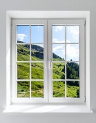 Fototapeta premium White window with a green mountain view outside.