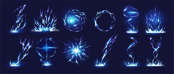 Lightning shapes in circular and linear variations. Bolts electric glow elements for design and UI graphics. Vector geometric flashes collection with soft illumination and visual energy © Sensvector