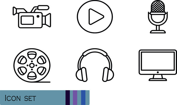 Print Multimedia and Cinema Production Gear Icons - Minimalist Thin Line Vector Asset Pack for Professional Movie Recording Video Vlogging Sound Podcasting and Studio Broadcasting
