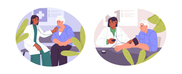Fototapeta premium Health checkups, measuring blood pressure and using stethoscope in clinic. Vector doctors caring about patients. Cardiovascular monitoring and diagnostic testing, healthcare and medical equipment
