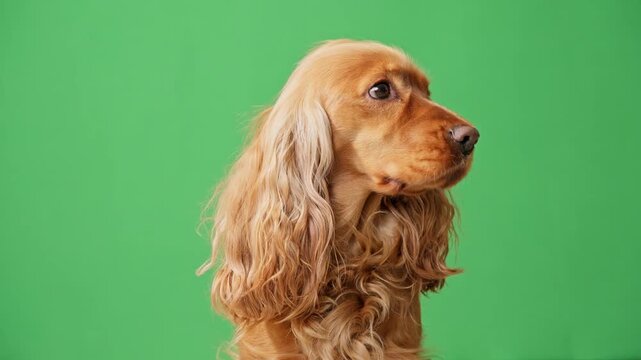 Beautiful golden english cocker spaniel looking attentively from side to side with curiosity on a green screen background, perfect for chroma key compositing and pet-related advertising
