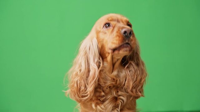 Curious purebred english cocker spaniel looking around with its head and ears moving against a solid green background, perfect for chromakey compositions and pet-related advertising projects