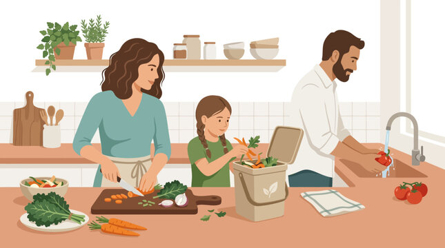 Family Composting Food Waste in Kitchen Teaching Children Sustainable Habits and Eco Friendly Living