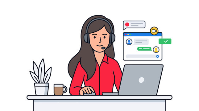 female customer service representative wearing headset at desk with laptop and chat windows
