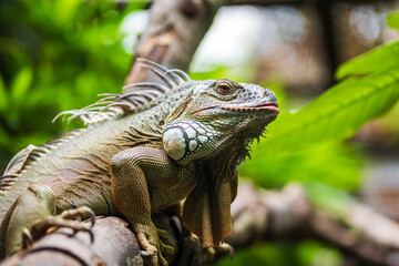 Fototapeta premium Green iguana perched on a branch in tropical forest. Close-up portrait.
