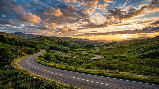 Golden hour sunlight gorgeously illuminates a winding asphalt road cutting through lush green hills under dramatic summer evening clouds.
