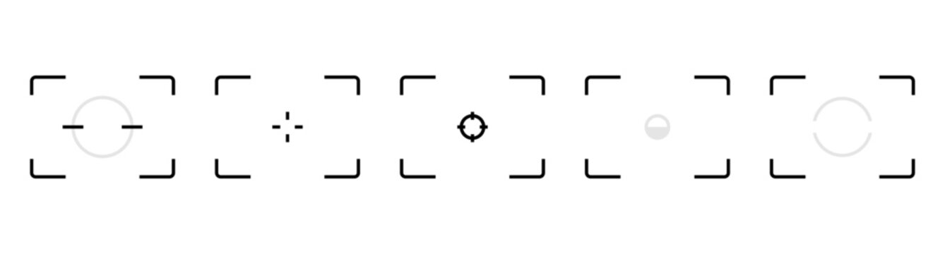 Grid of focus zone markers and alignment guides. Vector layout boxes set for camera screen overlays. Cam interface elements. UI demonstrations or digital viewfinder design templates