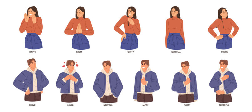 Man and woman expressing emotions, gesturing and posing. Vector in flat style, personages with happy and cheerful faces. Neutral and proud, brave and loved, flirty and calm. Mental health awareness