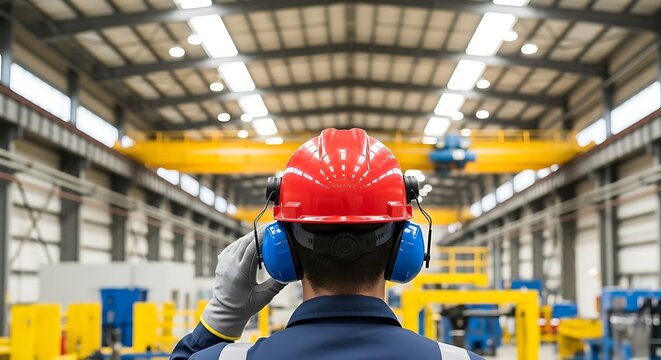Worker in red hard hat and ear protection in industrial factory