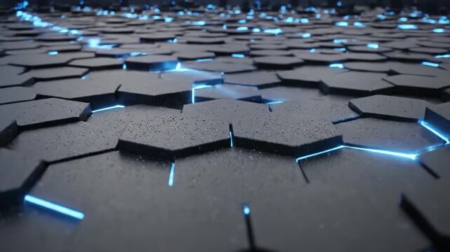Futuristic hexagonal grid of dark matte tiles with glowing neon-blue seams and illuminated cracks forming a fragmented cybernetic surface and abstract digital landscape