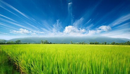 Obraz premium beautiful rice field landscape with blue sky and cloud