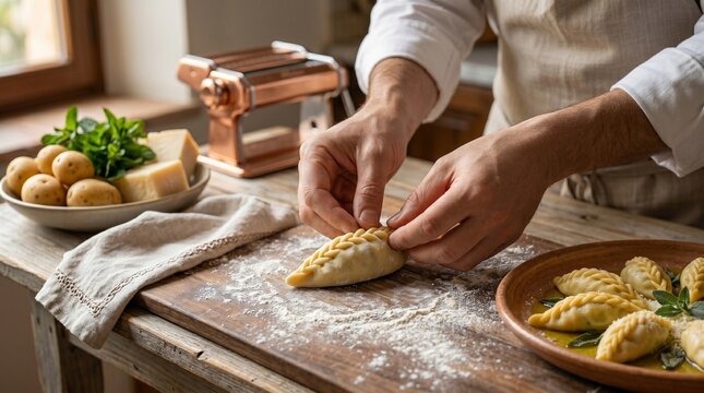 Professional chef handcrafting traditional italian dumplings on a rustic wooden table in a bright kitchen with fresh ingredients