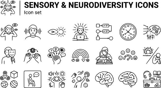 Sensory Neurodiversity Outline Icon Set Person Overwhelmed Noise Sensitivity Light Sensitivity Hyperfocus Executive Function Time Blindness Sensory Processing Masking Stim ADHD Autism Emotional