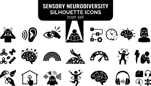 Sensory Neurodiversity Silhouette Icon Set Person Overwhelmed Noise Sensitivity Light Sensitivity Hyperfocus Executive Function Time Blindness Masking Stim ADHD Autism Emotional Regulation Meltdown