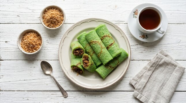 An appetizing flat lay shot of sweet Indonesian dadar gulung green pandan crepes on a plate, beautifully arranged with a vintage floral teacup, a linen napkin, and two bowls of extra coconut.