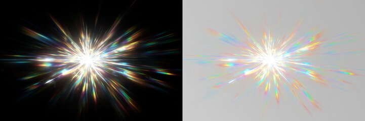 Transparent png of bright multicolor light flare overlay with glowing starburst effect and radiant lens flare on dark background for design and visual effects star glow sun flash vector © Vitaliy