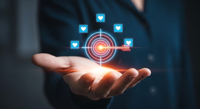 Hand holding digital target with heart and arrow palm