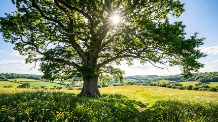 Obraz premium Majestic old oak tree with sprawling branches full of vibrant green leaves gracefully stands in a rolling meadow filled with stunning yellow wildflowers.