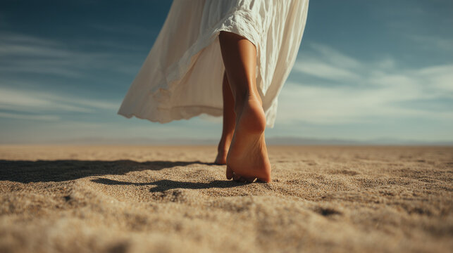Barefoot woman walking across soft sand dunes at sunset in flowing white dress, freedom and mindful journey concept for wellness, self discovery, inner peace and personal growth themes