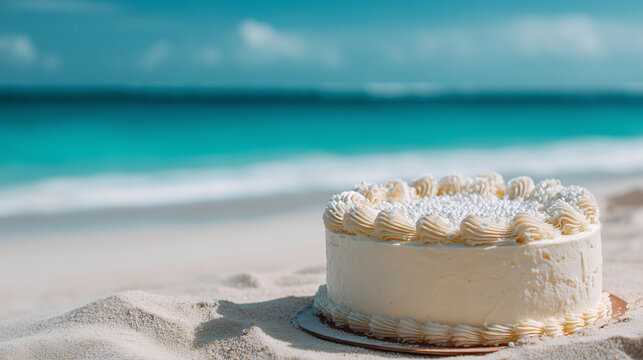 Elegant birthday cake on tropical sandy beach with turquoise ocean background, summer celebration dessert for vacation greetings, party invitations and festive travel themed designs