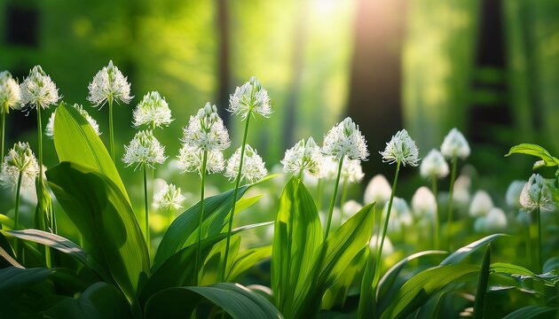 Blooming Wild Garlic Ramsons Bear Leek Or Bear S Garlic Close Up On A Background Of Greenery Natural Green Background With Forest Vitamin Healthy Plant