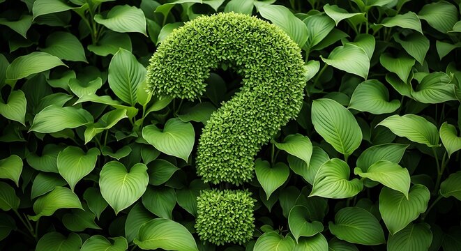 Green question mark made of leaves on green foliage background