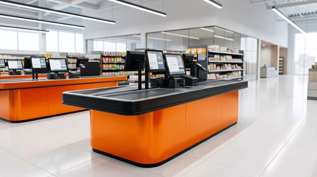 Modern supermarket checkout counter features a bright orange metallic base alongside sleek black digital monitors and pristine white floors.