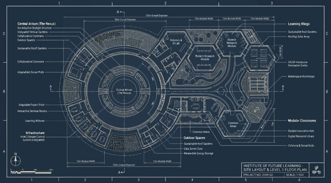 Architectural blueprint of a futuristic circular complex with detailed interior layout and structural engineering specifications