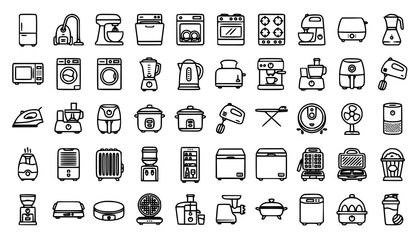 Fototapeta premium Collection of black line icons for household appliances and kitchen gadgets
