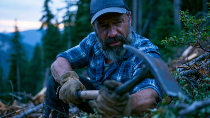 Fototapeta premium Weathered trail crew volunteer wearing canvas work gloves uses a steel pulaski tool to clear storm debris from a backcountry footpath at dusk, sweat visible on brow, pine forest stretching endlessly