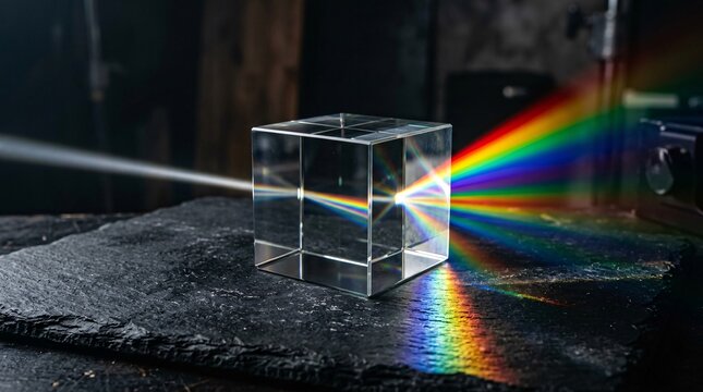 Perfect transparent optical glass cube beautifully rests on a dark textured surface, refracting a brilliant spectrum of bright rainbow light beams.
