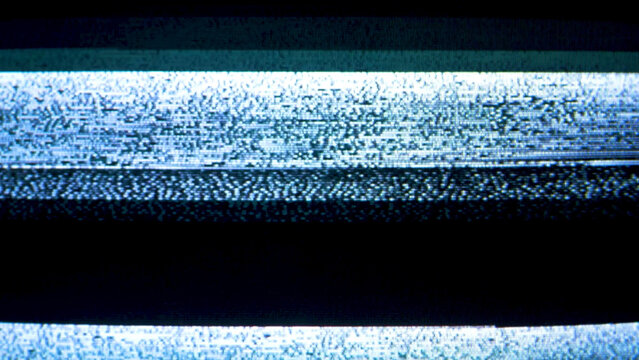 Blue TV noise and VHS glitch texture on black background, analog static interference with distorted scan lines and retro signal error effect for video, cyberpunk design, poster or digital overlay.