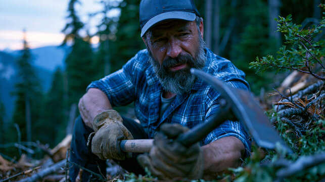 Weathered trail crew volunteer wearing canvas work gloves uses a steel pulaski tool to clear storm debris from a backcountry footpath at dusk, sweat visible on brow, pine forest stretching endlessly