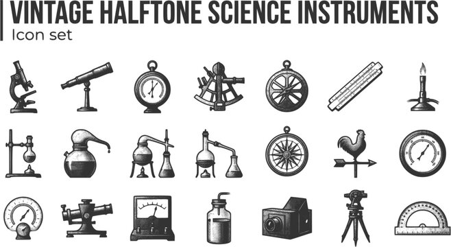 Vintage Halftone Science Instruments Icon Set Microscope Telescope Barometer Sextant Astrolabe Slide Rule Bunsen Retort Alembic Distillation Compass Rose Aneroid Hygrometer 20 Icons Flat Vector Retro 