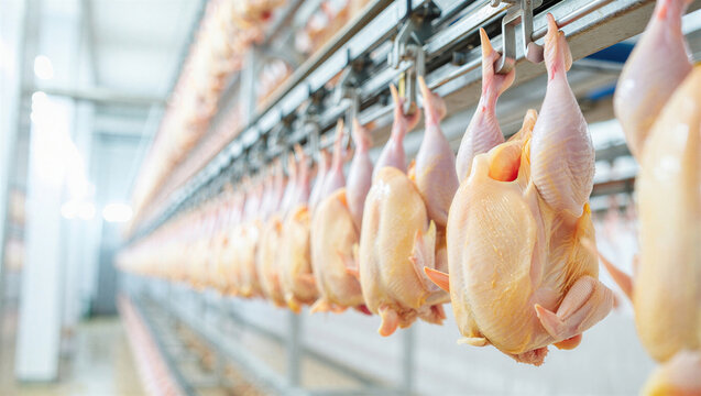 Raw chickens are suspended on a production line in a poultry processing facility. Efficient meat processing and production.