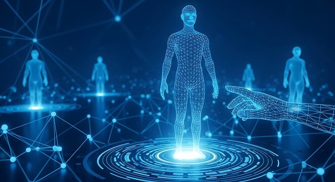 Blue wireframe human figures in digital network with glowing circles