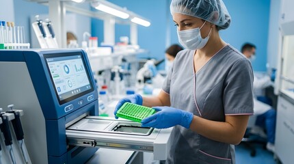 Naklejka premium Scientist loading samples into automated diagnostic machine in lab