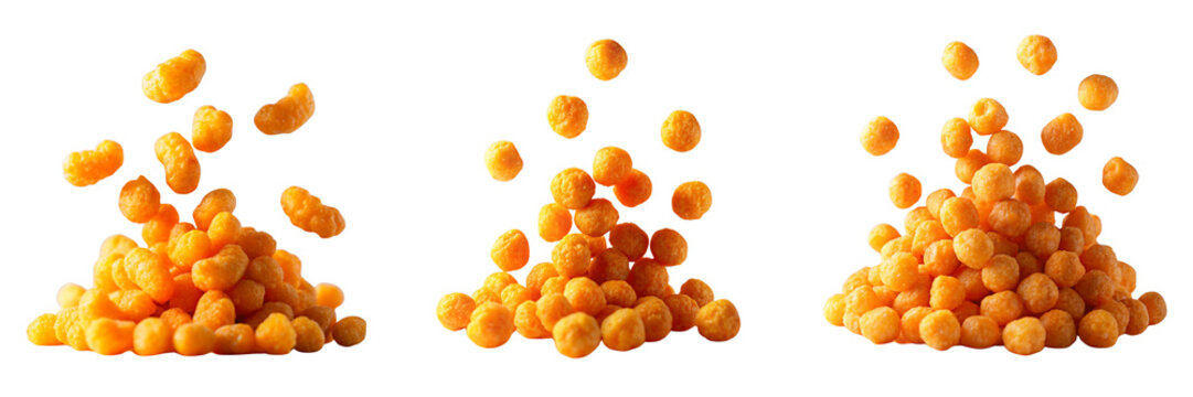 Set of orange cheese puffs Tumbling Down isolated on a transparent background