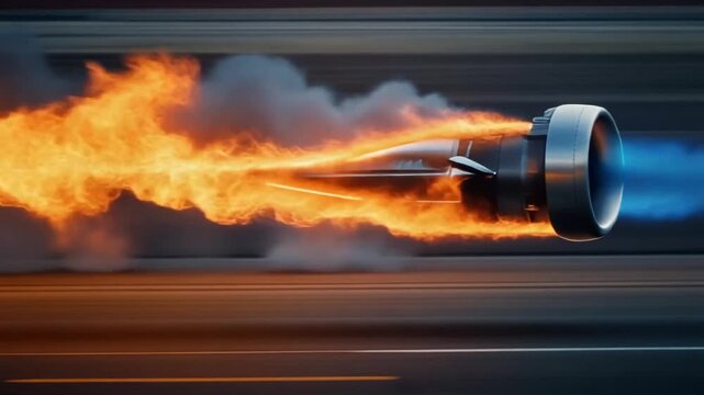 明るい青とオレンジの炎を吹き出す超音速ジェットエンジンの排気熱の側面