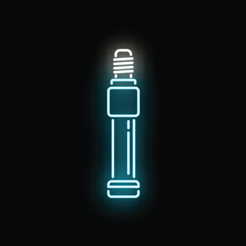Neon blue spark plug icon glowing on a black background, representing engine or electricity