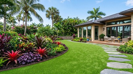 Obraz premium Pristine bright green artificial turf lawn curves smoothly around a stunning tropical garden bed filled with gorgeous vibrant red and bright purple plants.